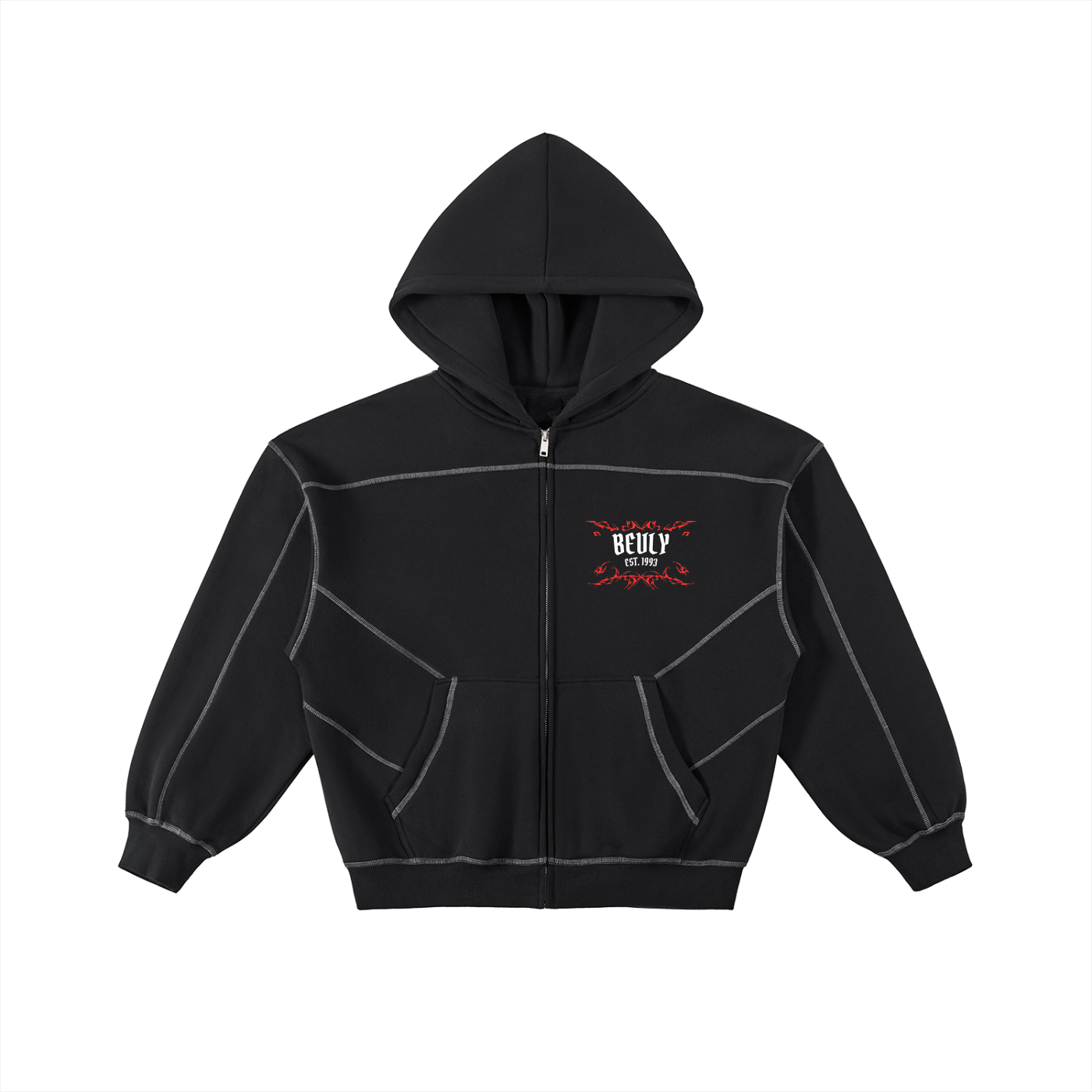Contrast-Stitched Boxy Fleece Zip Hoodie